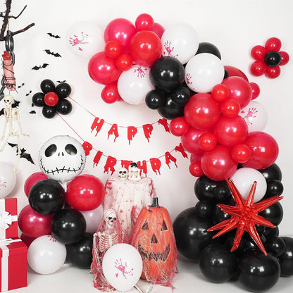 Halloween Balloon Arch Kit Bloody Balloons Garland Black and Red Balloon with Skull Face Explosion Star Foil Balloon for Nightmare Horror Theme Birthday Spooky Vampire Skeleton Cat Party Decorations