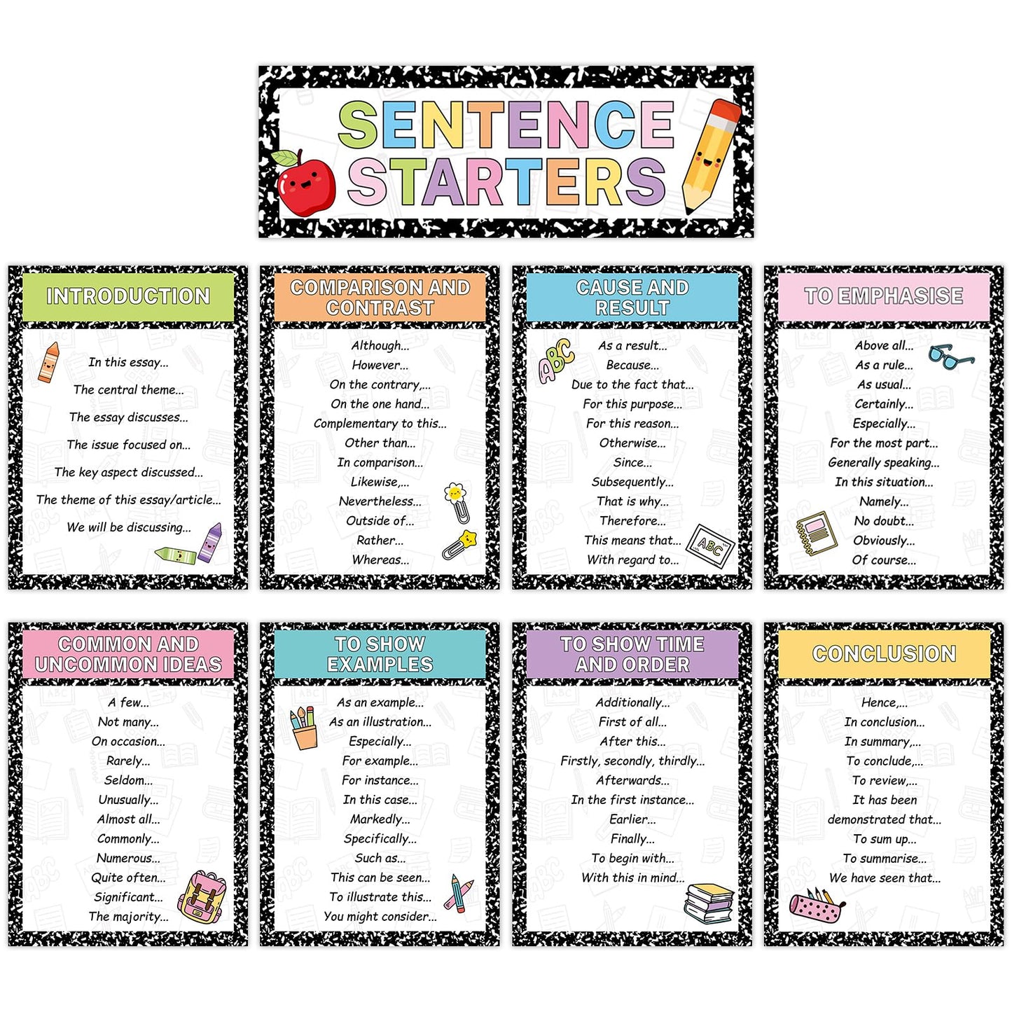 Dunzoom 9 Pieces Sentence Starters Posters Descriptive Vocabulary Classroom Educational Posters English Grammar Chart Bulletin Board Decoration for Middle High School Classroom(Composition Style)
