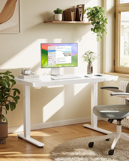 Marsail Glass Standing Desk with Drawer, 48x24 inch,Sit Stand Desk with One-Piece Tabletop & USB Charging Ports, Computer Table with Storage for Home & Office White
