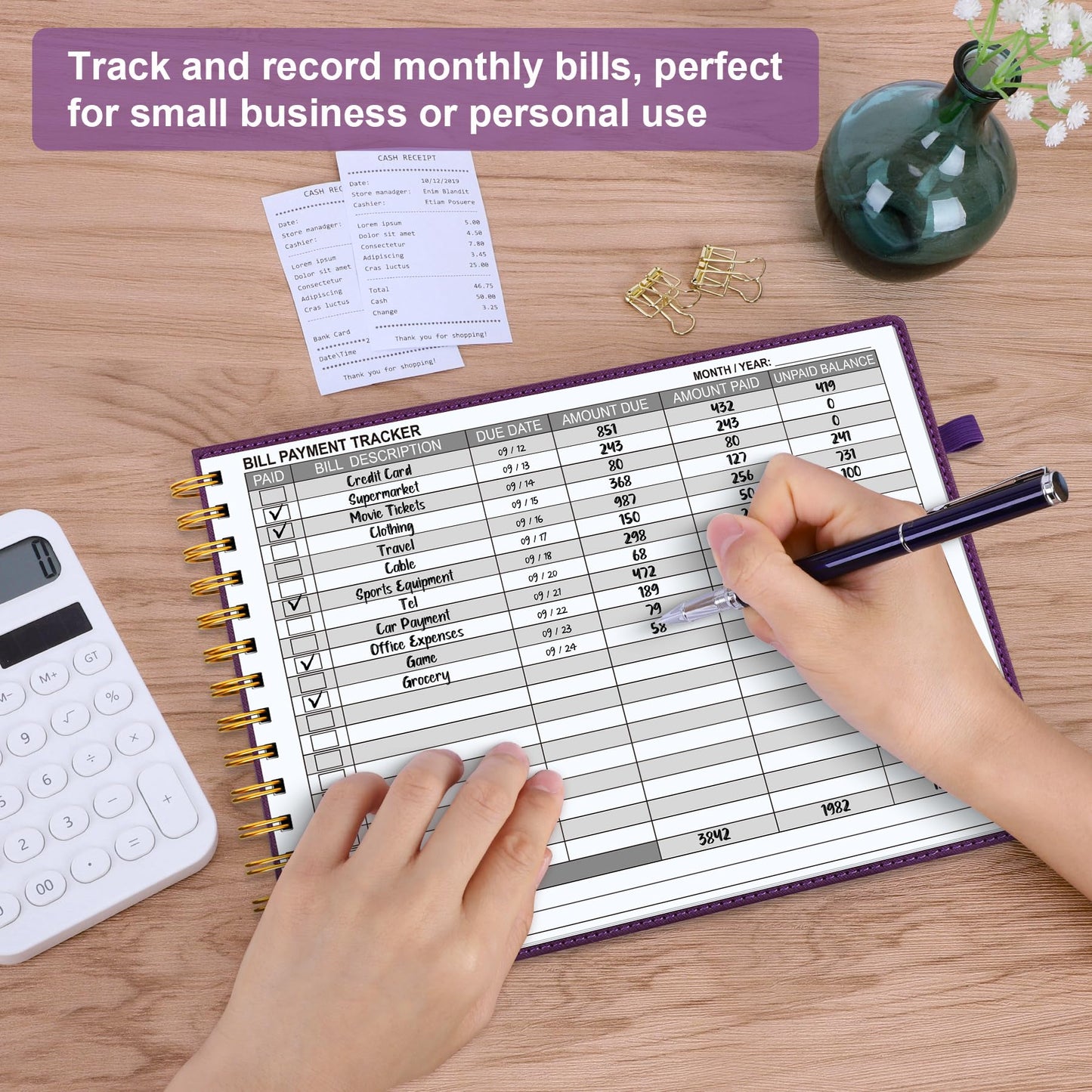 HAUTOCO Hardcover Bill Tracker Notebook Horizontal Monthly Bill Payment Organizer for Personal Budgeting Home Finance with 2 Storage Pocket Expense Checklist Tracking Planner 10.78 x 8'', Deep Purple