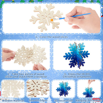 Chunful 48 Pcs Wooden Snowflake Ornaments DIY 3D Winter Snowflake for Crafts Bulk 24 Sets Unfinished Hanging Snowflakes Ornaments with Cord for Winter Party Decoration
