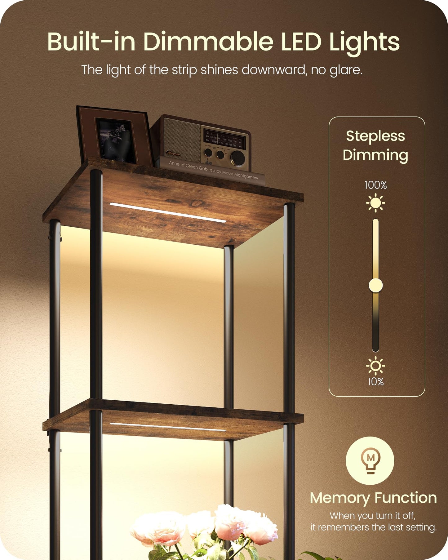 GOEBLESON Display Shelf with Light, 5-Tier Modern Shelf Lamp, Corner Floor Lamp with Shelves, Dimmable LED Floor Lamp for Living Room with Remote, 3CCT, Timer, Wooden Corner Shelf Lamp, F52LD05