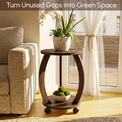 WooOrganix 2 Tier Wooden Plant Stand Indoor with Wheels – Tall Plant Stand for 6-12 Inch Pots, Mid-Century Modern Rustic Plant Table Indoor, Pedestal Stand for Corner, Living Room, Balcony, Dark Brown