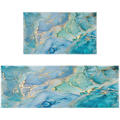 Teal Kitchen Rugs Sets of 2 Non Slip Blue Gold Turquoise Marble Kitchen Mats for Floor with Rubber Backing Washable Kitchen Runner Rug Carpet 17"x47"+17"x30" for Hallway Laundry