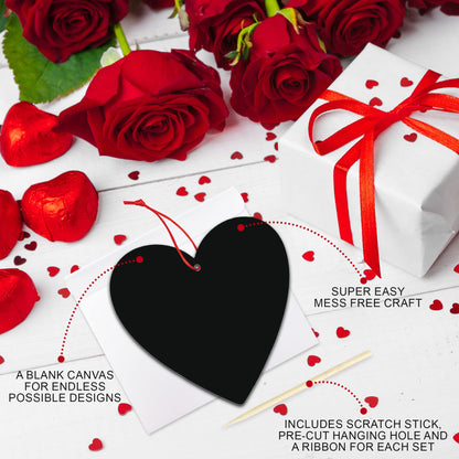 ArtCreativity 48 Pack Scratch Off Valentine Cards for Kids Classroom, Set of 48 Valentine Cards Ink-Free Scratch Off Hearts with Sticks, Red String, and Envelopes, Valentines Crafts