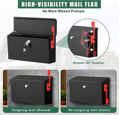 Large Wall Mount Mailbox for Outside with Flag, 15.9''x9.6''x5.2'' Locking Mailbox Wall Mounted, Galvanized Steel Rustproof Metal Mailbox, Modern Mail Box for House Outside, Black
