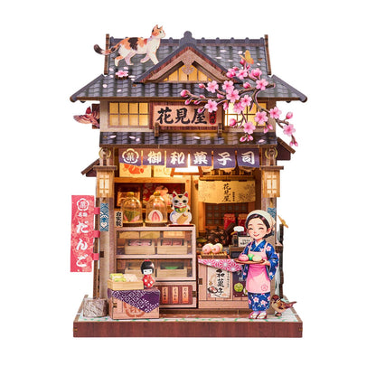 DIY Miniature Dollhouse Kit, Japanese Wagashi Shop 3D Wooden Puzzle with LED Light, Cherry Blossoms & Furniture, Cozy Home Decor, Relaxing Craft Hobby for Adults,Hanamiya