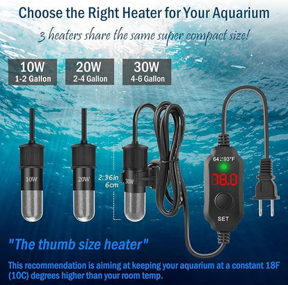 20W Mini Aquarium Heater for 2-4 Gallon Tanks | Submersible Fish Tank Heater with Digital Thermostat, Dry-Run & Overheat Protection, Memory Function