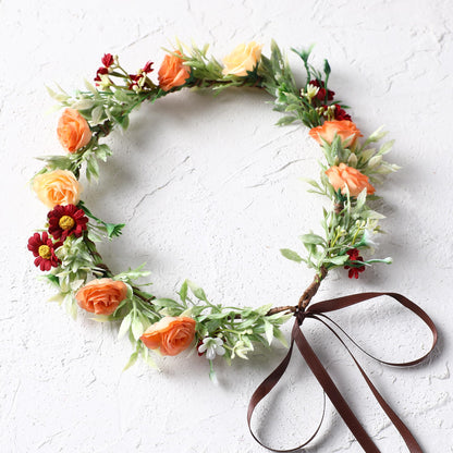 KorViSHOW Floral Crown Women Girls - Orange Boho Floral Headpiece with White Green Leaves Charming Fairy Flower Headband for Wedding Photo Shoot Festivals