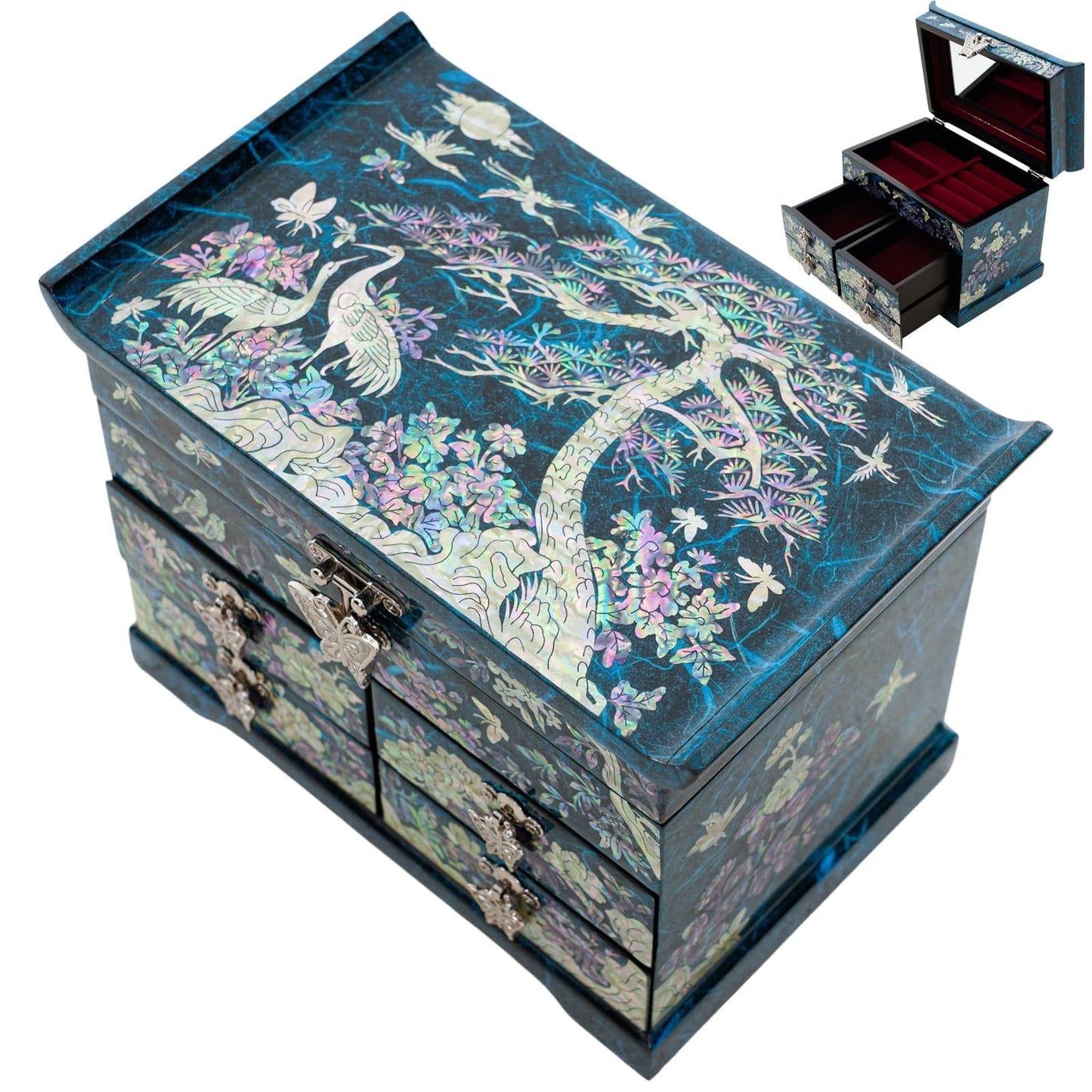 February Mountain Elegant Mother of Pearl Jewelry Box – Handcrafted Wooden Chest with Intricate Butterfly and Crane Designs, 4 Drawer Storage, and Red Velvet Interior – Ideal Gift for Women