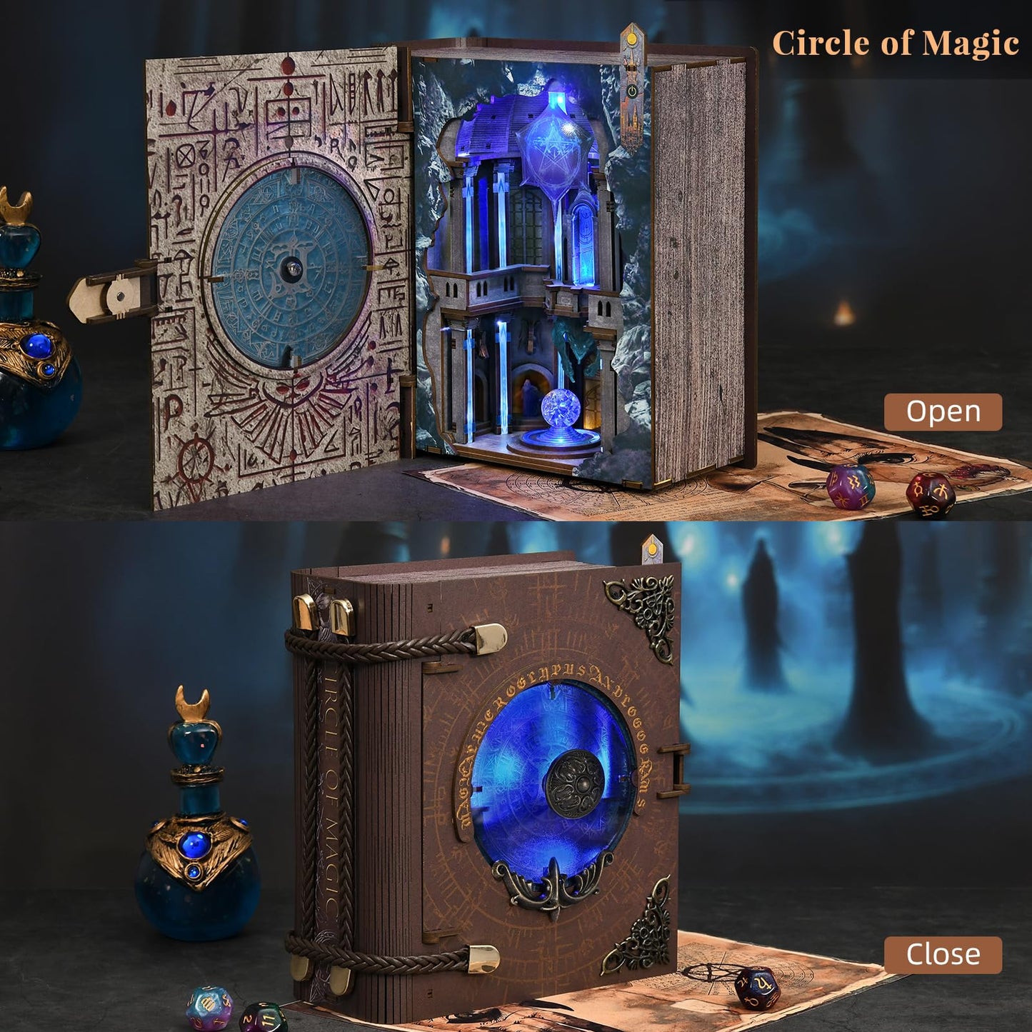 Book Nook Kit, DIY Miniature Dollhouse Magic Booknook Kit, 3D Wooden Puzzle Bookend Bookshelf with LED Light for Adults Teens (Circle of Magic)
