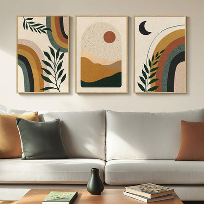 Framed Boho Sage Green Wall Art for Living Room, Large Mid Century Modern Tropical Leaf Canvas Artwork for Walls, 3 Piece Beige Orange Bohemian Wall Art Prints for Bedroom Kitchen Hallway, 16x24 Inch