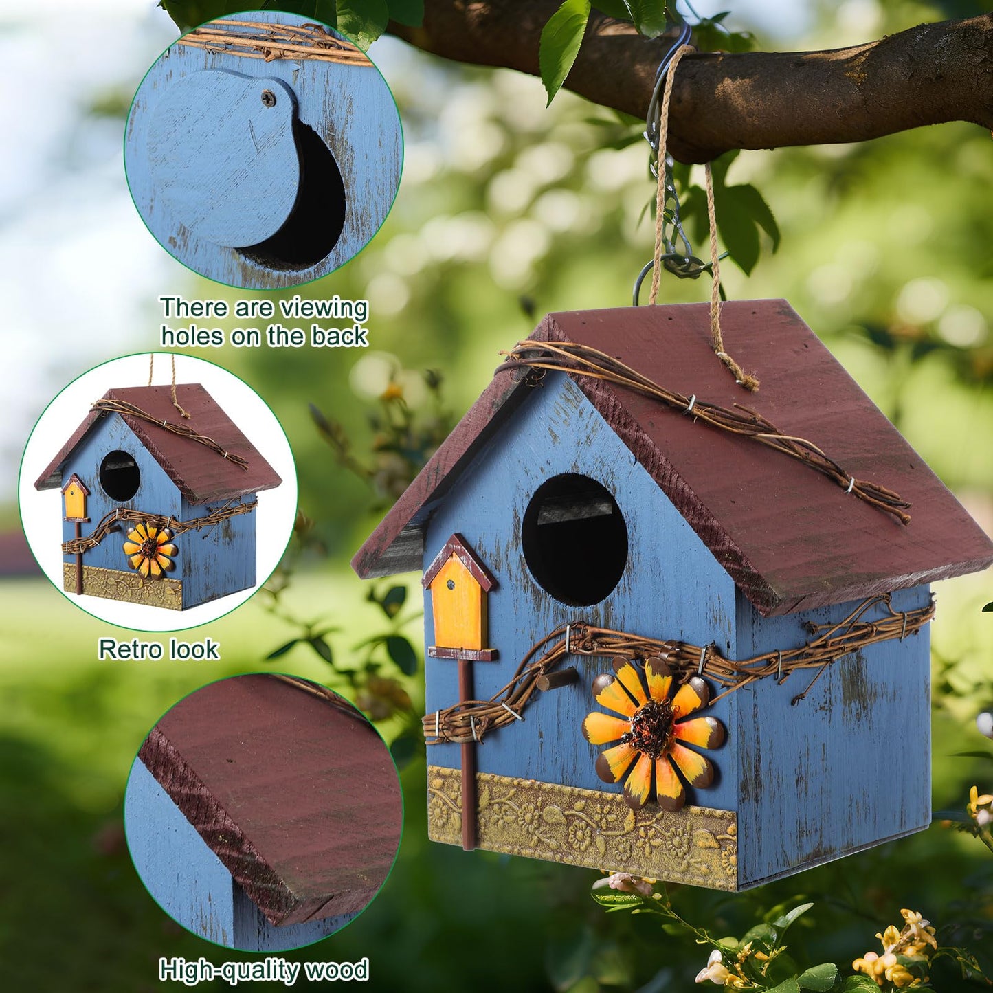 DoubleFill 2 Pcs Birdhouses for Outdoor Hanging Yard Outside Wooden Birdhouse Hand Painted Bird Box for Bird Lovers Bluebird Tree Garden Decor Decorative Birdhouse(Red,Blue,Wooden Roof)