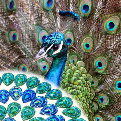 DZS Elec 50pcs Birdseye Water Drop Blue and Green Double Color Edge Flat Bottom Resin Peacock Feather Rhinestones Beads for Sewing DIY Crafts Accessories