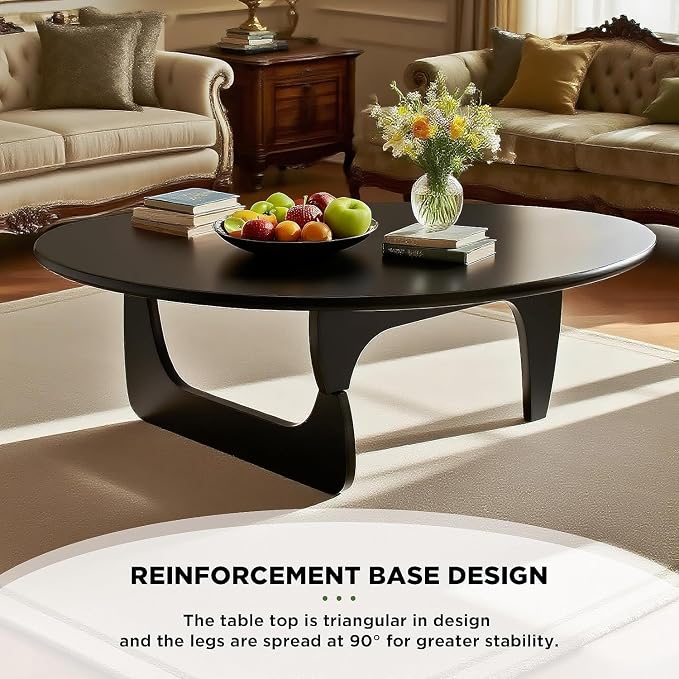 Solid Wood Triangle Coffee Table,Unique Mid Century Modern Oval Coffee Table,Irregular Geometric Tea Tables for Home Living Room with Wooden Tabletop and Reinforced Legs Black 43" L x 31" W x 16" H