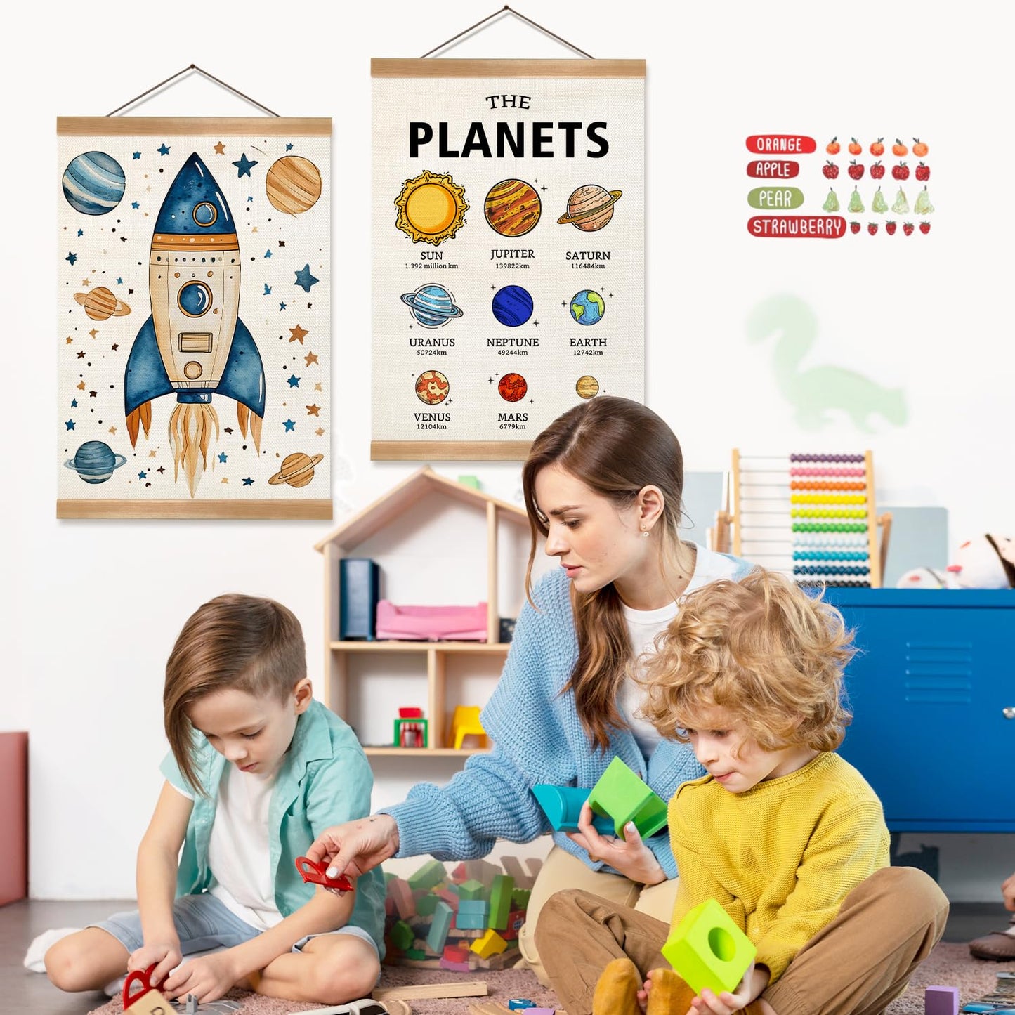 Solar System Poster Wall Art Set of 2, The Planets Wall Decor Wood Hanger, Space Classroom Decor, Outer Space Planets Poster for Boys and Girls Nursery, Bedroom, Playroom, Toddler and Kids Room Decoration12x16Inch(Solar system)