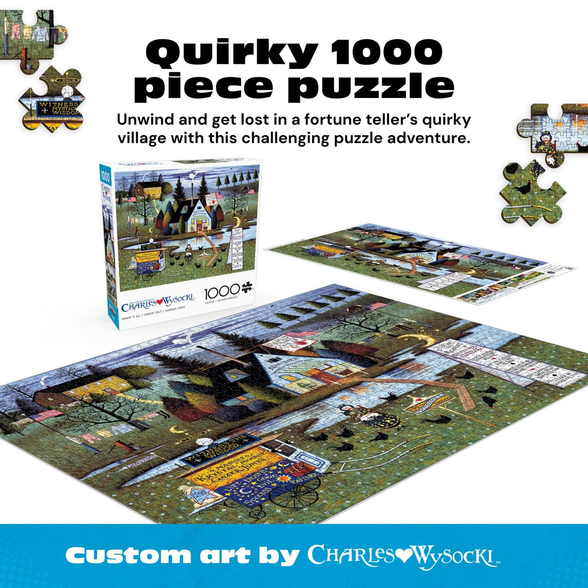 Buffalo Games Charles Wysocki - Know It All - 1000 Piece Jigsaw Puzzle - 26.75 x 19.75 in, Poster Included - 1000 Piece Puzzle for Adults - Folk Art Village Scene - Recycled Board