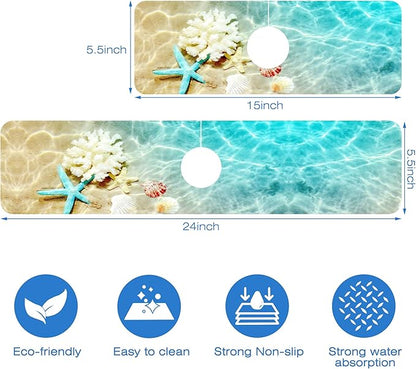 Beach Dish Drying Mat for Kitchen Sink Starfish Coral and Seashell Splash Guard