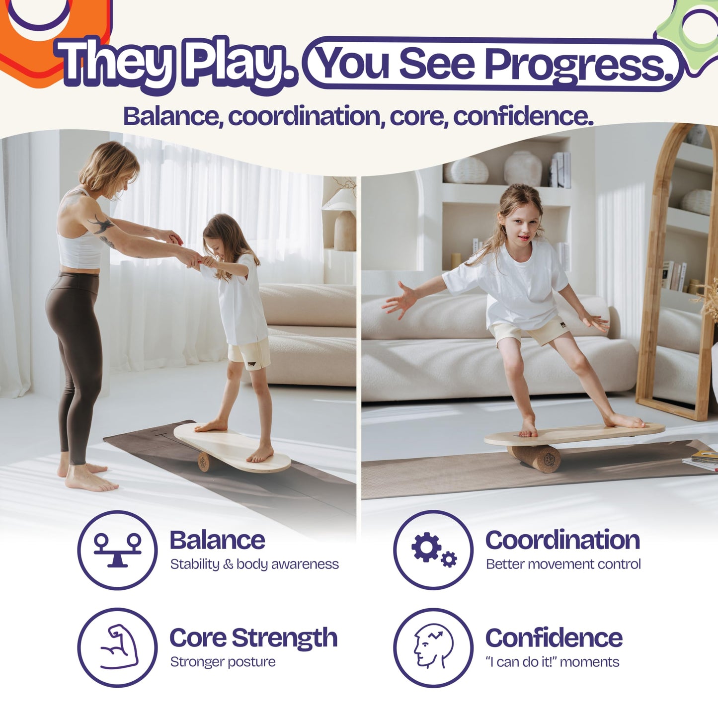 ComfyBumpy Balance Board for Kids with Cork Roller, 30" x 12" Wooden Balance Board, 4 Adjustable Levels, 400 lb Capacity, Progressive Balance Trainer for Kids, Parents & Family Play