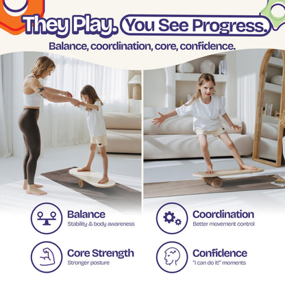 ComfyBumpy Balance Board for Kids with Cork Roller, 30" x 12" Wooden Balance Board, 4 Adjustable Levels, 400 lb Capacity, Progressive Balance Trainer for Kids, Parents & Family Play
