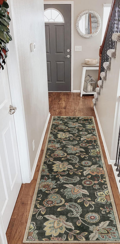 Morebes Floral Washable Hallway Rug 2x8, Brown Rugs for Entryway Non Slip,Long Bath Mat Distressed Paisley Kitchen Runner Rug Indoor Floor Carpet for Entry Laundry Foyer Nursery Rv