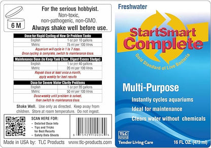 TLC Products StartSmart Complete Freshwater Aquarium Cycle Starter & Beneficial Nitrifiers, Supports Clear Water & Biofiltration, Reduces Excess Sludge, 16 oz. (473 ml)