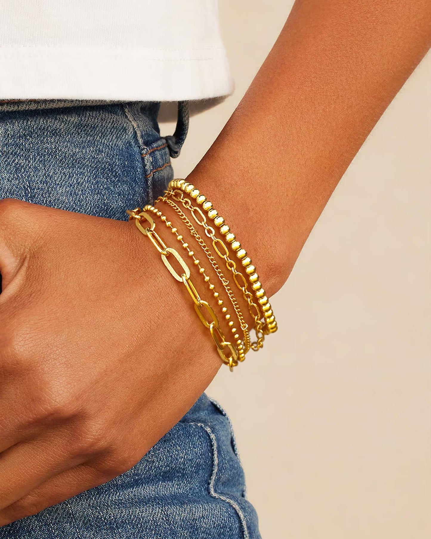 Waterproof Gold Bracelet Stack for Women Non Tarnish,Stainless Steel Dainty Bracelets Layered Paper Clip Bracelet Chain Bracelet for Women Jewelry