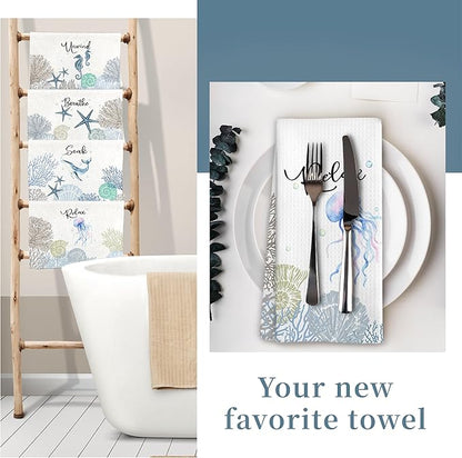 Coastal Hand Towels for Bathroom Set of 4, Relax Breathe Soak Unwind Decorative