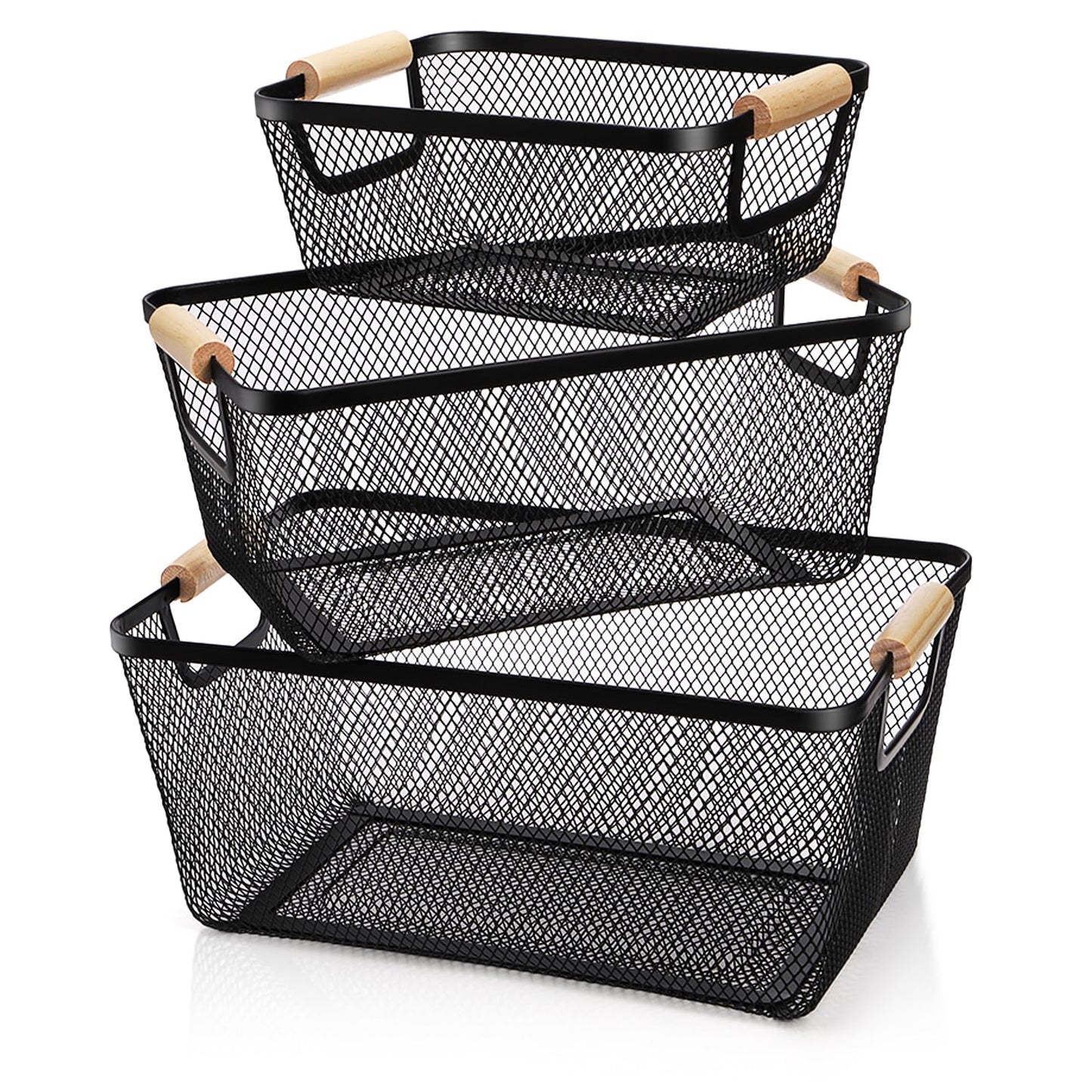 Noamus 3 Pack Metal Mesh Basket with Wooden Handle, Farmhouse Wire Steel Storage Bins, Rectangle Fruit Vegetable Organizer Containers for Home Cabinet Pantry Kitchen Decor, Snack Gift (Black, 3 Size)