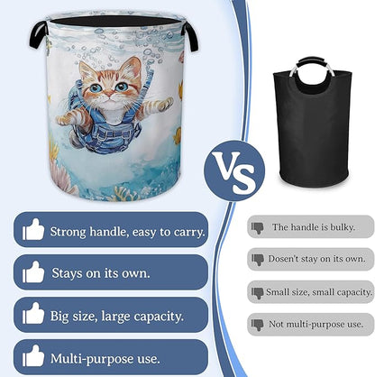 Cute Cat Laundry Basket, Foldable Oxford Cloth Sea Turtle Fish Coral Laundry