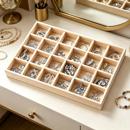 JUANERJIE Stackable 24 Compartments Wood Display Tray, Wooden Grid Sorting Organizer Tray, Versatile Showcase Storage for Jewelry, Accessories, Ties and Daily Small Items