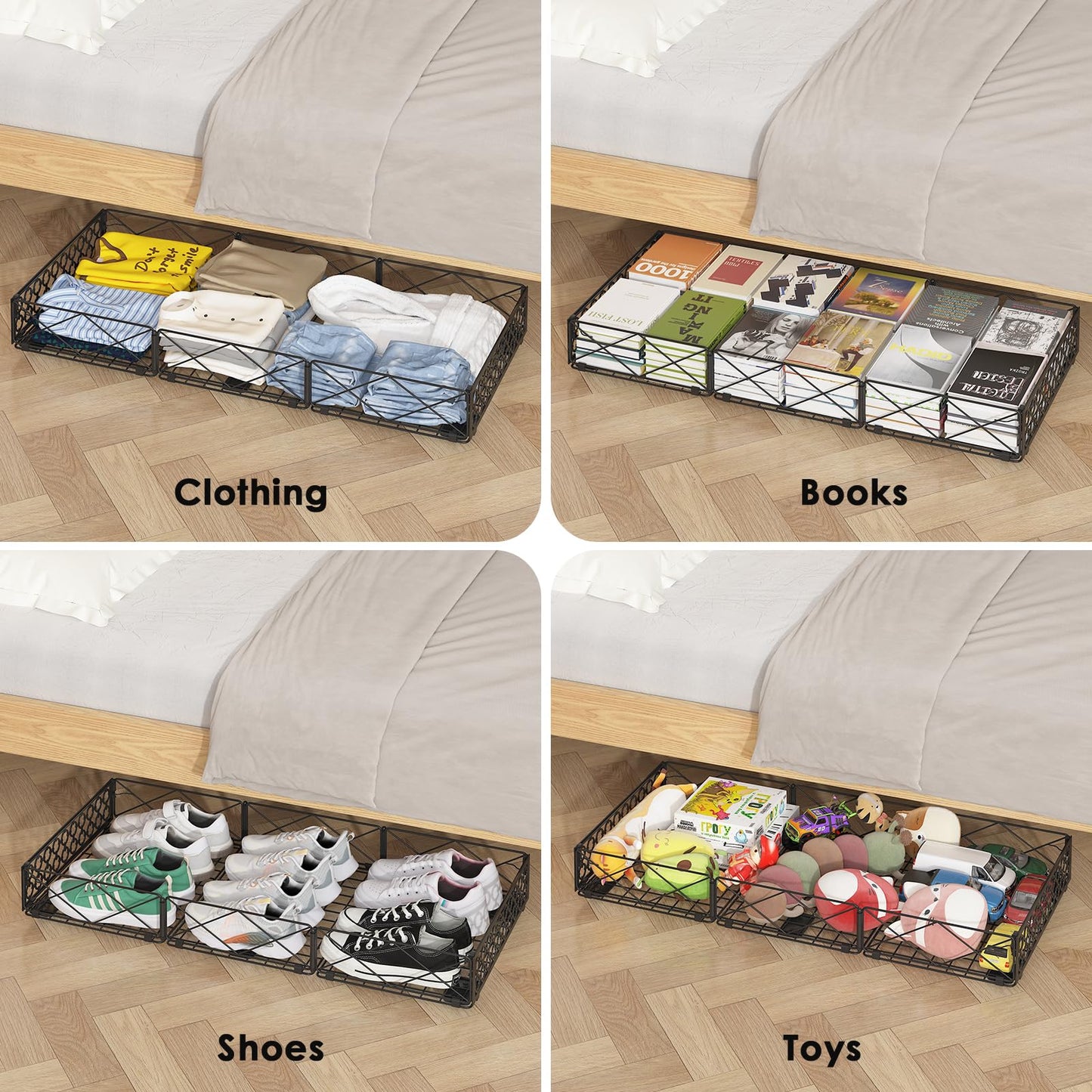 NADAMOO 5.4 in Low Profile Under Bed Storage, 36.6" Ultra Long Metal Underbed Organizer with 6 Smooth Rolling Wheels, 110 lbs Heavy Duty Foldable Under Bed Container for Shoes, Clothes, Toys, 2 Packs