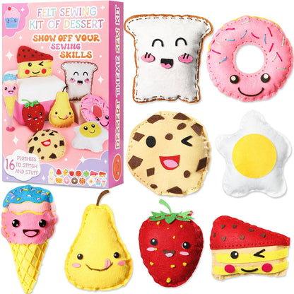 ZOIIWA 16 Sets Food Themed Sewing Kit for Kids Fun Craft for Boy Girl Age Felt Fruit Plush Craft Kit Learn to Sew Educational Beginners Sewing Stuffed Ornament for Back to School Birthday Party Gift