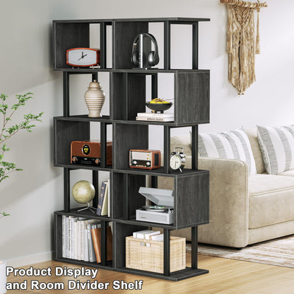 Furologee 6 Tier Bookshelf Tall Geometric Bookcase, S Shaped Industrial Display Standing Shelf, Metal and Wood Decorative Storage Room Divider Rack for Bedroom, Living Room, Office, Light Black Oak