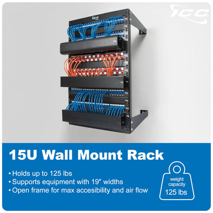 ICC 15U Wall Mount 19″ Open Frame Server Rack – 18″ Deep Cold-Rolled Steel, 125 lb Load Capacity – Network Rack for Patch Panels, Switches, AV, IT & Telecom Equipment Installations
