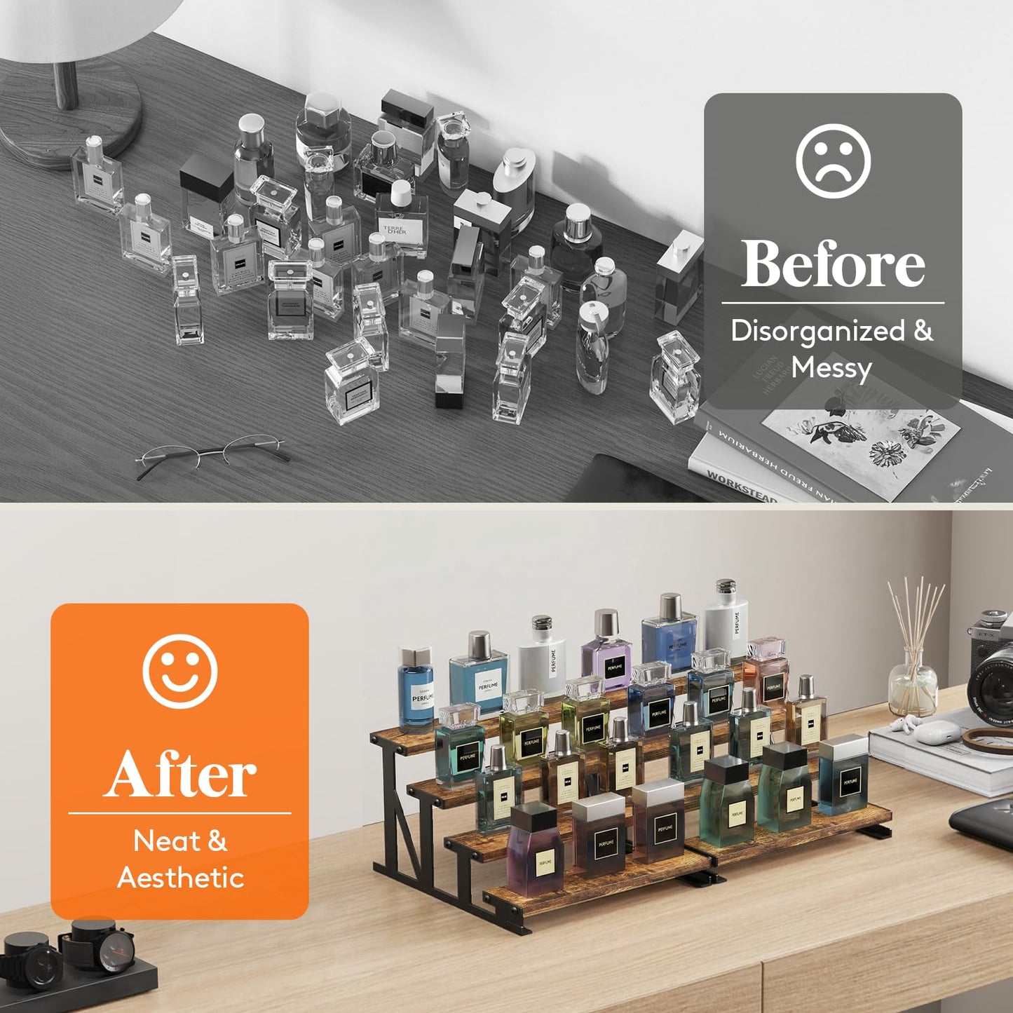 Lifewit Cologne Organizer for Men, Wooden Spice Rack, Cupcake Stand, 9.9" Display Riser for Perfume, Fragrance, Aftershave, Vanity, Bedroom, Bathroom Countertop Storage, Rustic Brown, 1 Pcs