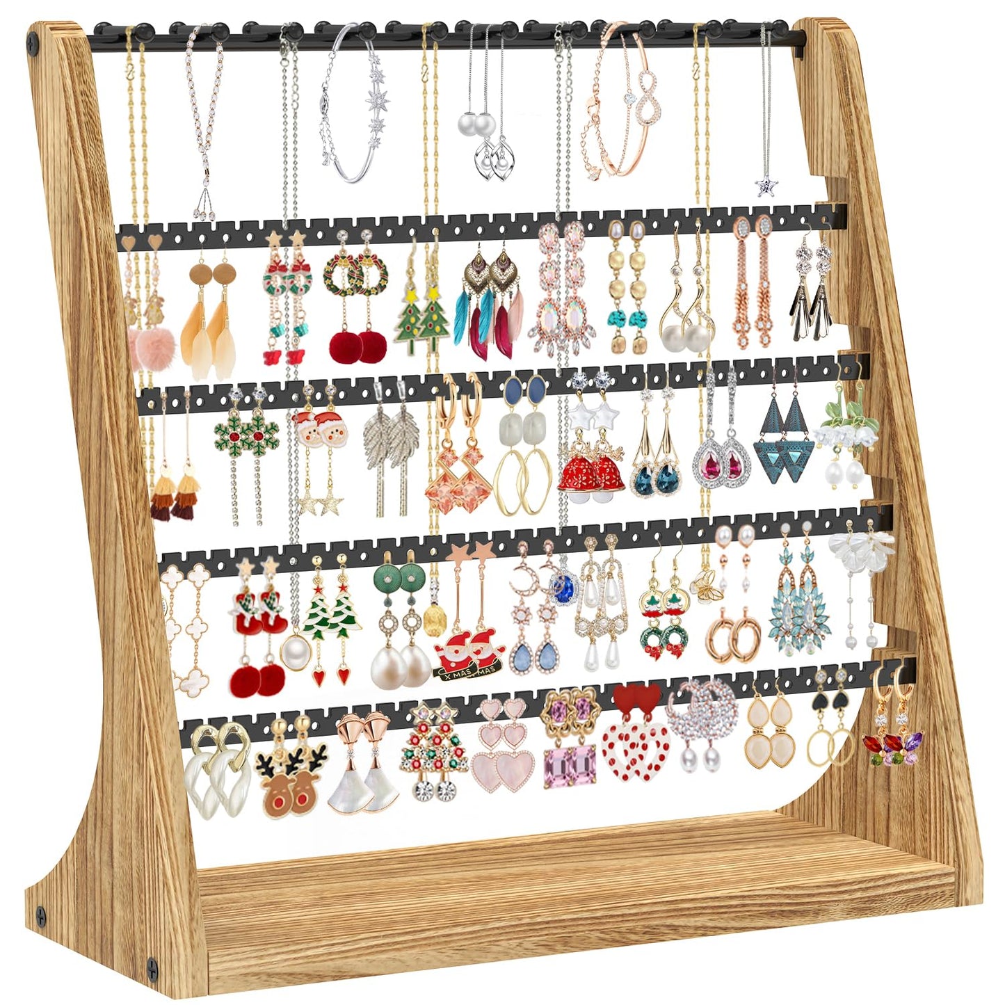 MODOWEY Earring Holder Organizer and Necklace Display Stand, Countertop Wooden Tree Rack for Stud Pierced Dangle Bracelet Storage, 5 Tier 20 Hooks Large Capacity Metal Jewelry Hanger for Women