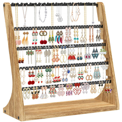 MODOWEY Earring Holder Organizer and Necklace Display Stand, Countertop Wooden Tree Rack for Stud Pierced Dangle Bracelet Storage, 5 Tier 20 Hooks Large Capacity Metal Jewelry Hanger for Women