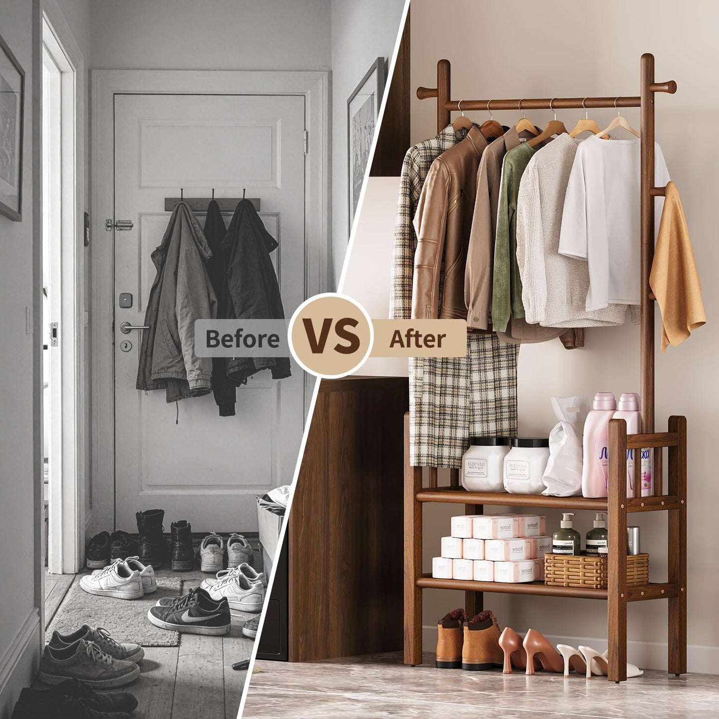 Yoobure Solid Wood Clothing Rack with Shelves - Coat Rack Freestanding with 6 Hooks, 3-in-1 Hall Tree for Hanging Clothes, Tall Garment Racks with Storage for Bedroom, Entryway, Living Room, Closet