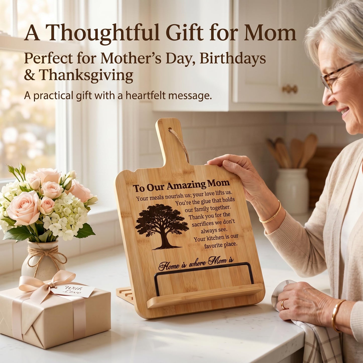 Bamboo Cookbook Stand for Kitchen Counter, Wooden Recipe Book Holder with 4 Adjustable Angles, Space-Saving Wall Mount Tablet Stand, Personalized Mothers Day Gifts for Mom