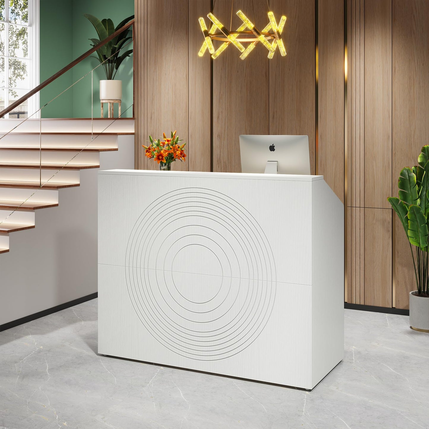 Tribesigns Reception Desk with Counter, Modern Front Desk Reception Room Table with Cable Grommet, 47 inch Retail Counter for Checkout, Lobby, Beauty Salon, Home Office Desk, White