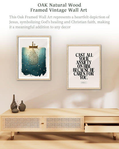 iHery Natural OAK Wood Jesus and Peter Walk on Water Framed Wall Art, 12x16 in Modern Sketch Bible Verses Canvas Art Decor, Beige Logs Boho Scripture 1Pack for Living Room Bedroom