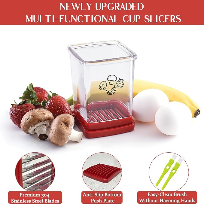 2 Pcs Strawberry Slicer | Fruit Slicer Cup, Strawberry Cutter with Push Plate, Speed Fruit Cutter for Banana Grape Egg, Must Have Kitchen Gadget (Red)