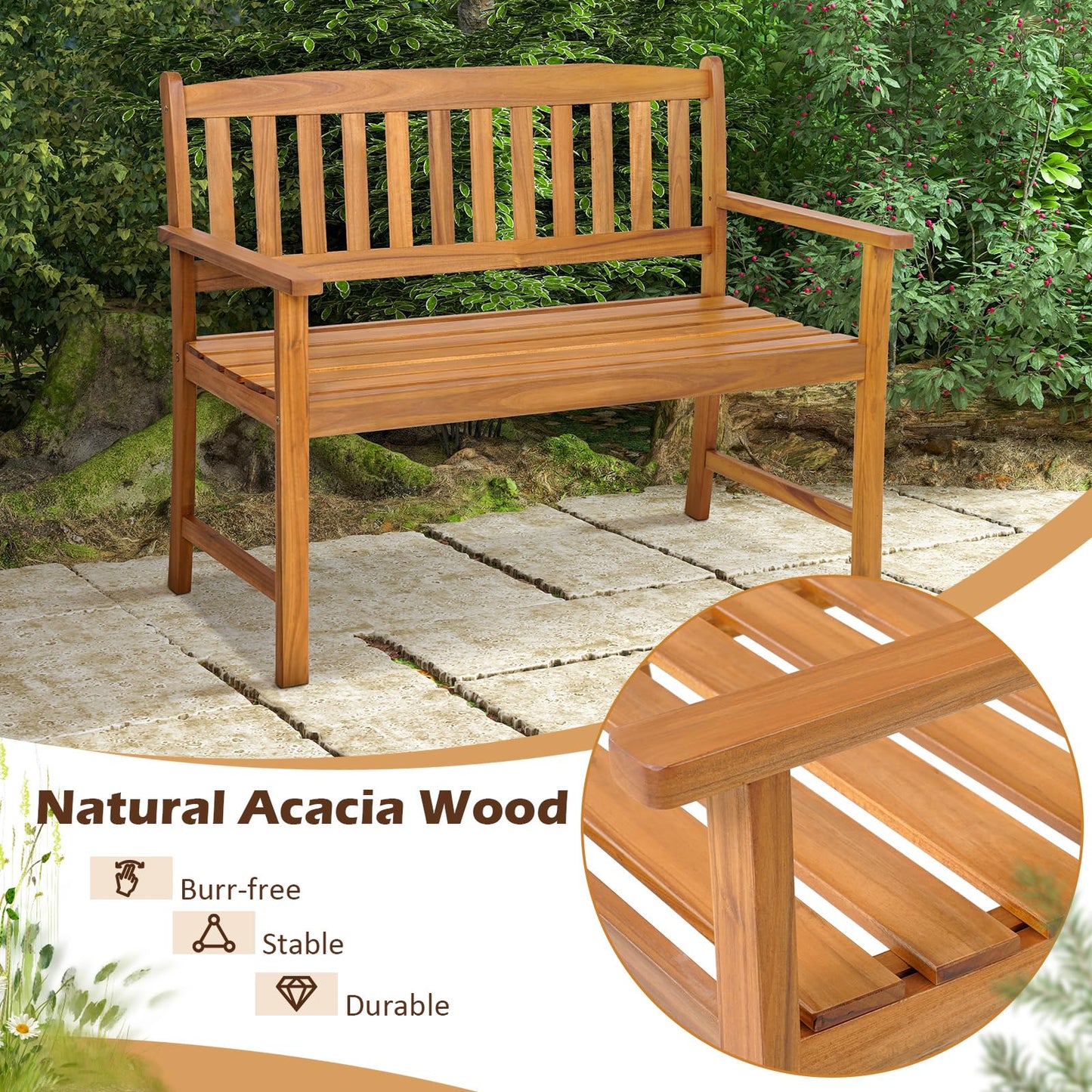 Tangkula Outdoor Acacia Wood Bench, 2-Person Garden Bench with Backrest and Armrests, Garden Bench with Slatted Seat for Porch, Park, Backyard, 800 Lbs Max Load, 43” L x 22” W x 34” H, Natural