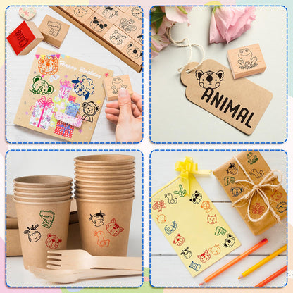 Whaline 29 Pcs Cartoon Animal Wooden Rubber Stamps with Ink Pads Cute Cartoon Pattern DIY Craft Stamps for Party Decor Scrapbooking Cards Making