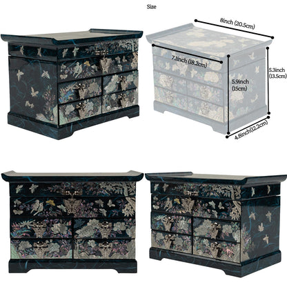 February Mountain Elegant Mother of Pearl Jewelry Box – Handcrafted Wooden Chest with Intricate Butterfly and Crane Designs, 4 Drawer Storage, and Red Velvet Interior – Ideal Gift for Women