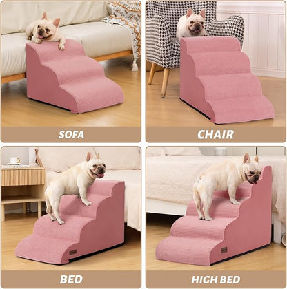 4-Step Dog Stairs for Bed or Couch, Pink Pet Ramp for Small Dogs, Cats | Aodisman Elegant Pink Dog Ramp Designed for Dogs and Cats, Ideal for Beds and Couches, Providing Comfortable Access, 17.7" H