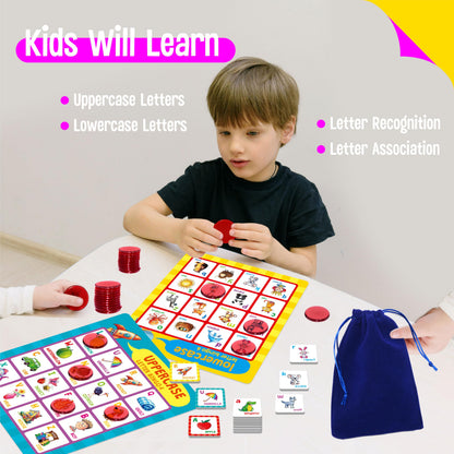 SpriteGru Alphabet Bingo Game, Uppercase/Lowercase/First Words Bingo Educational ABC Letter Learning Board Game for Kindergarten and Preschool Kids Aged 4+, Perfect for Classroom & At Home