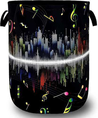 Colorful Music Notes Laundry Basket Music Laundry Hamper Foldable Oxford Cloth Funny Tote Bag Clothes Toy Storage Bucket For Bathroom/Laundry Storage/Bedroom 18.9 x 16.5 Inch