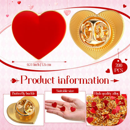 Hinly 200 Pcs Valentines Day Gifts Heart Pins Bulk Red Love Lapel Pin Metal Heart Health Brooch Badge Collar Pins for Valentines Party Favors Wedding Anniversary Men Women Clothes Bags Hats